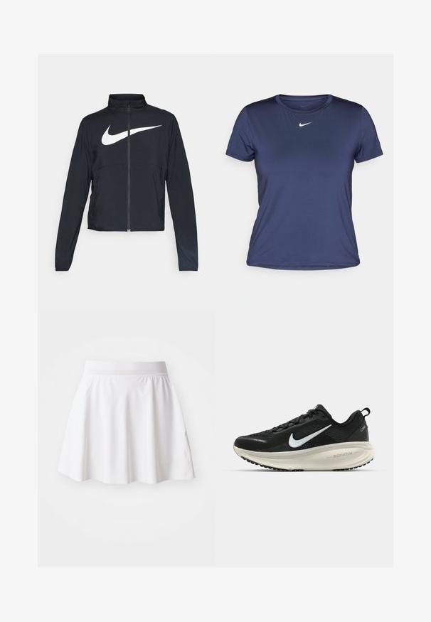 Casaco desportivo preto com fecho éclair completo, gola alta, mangas longas e grande logótipo branco da Nike na parte frontal.; T-shirt atlético de mangas curtas azul marinho, feito de um tecido liso e leve, com um pequeno logo branco da Nike no peito.; Saia branca evasê feita de tecido suave, com cintura elástica e textura lisa. Design minimalista sem padrões ou detalhes.; Sapatilha de corrida Nike preta com parte superior de malha respirável, logotipo Swoosh branco, detalhes texturizados e uma entressola ZoomX na cor creme.