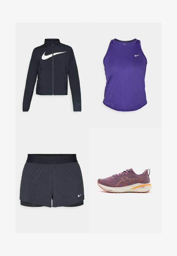 Veste de sport noire zippée sur toute la longueur avec un col haut, des manches longues et un grand logo Nike swoosh blanc sur la poitrine.; Débardeur de sport violet en tissu lisse avec un col rond. Présente un logo Nike blanc sur la poitrine et un ourlet arrondi.; Shorts de sport noirs avec une taille élastique, dotés d'un design superposé et d'un petit logo Nike blanc en bas à gauche. Matière légère.; Baskets de course violettes avec une tige texturée, accents orange, semelle rembourrée et un logo bien en vue sur le côté. Présente des lacets et une languette au talon.