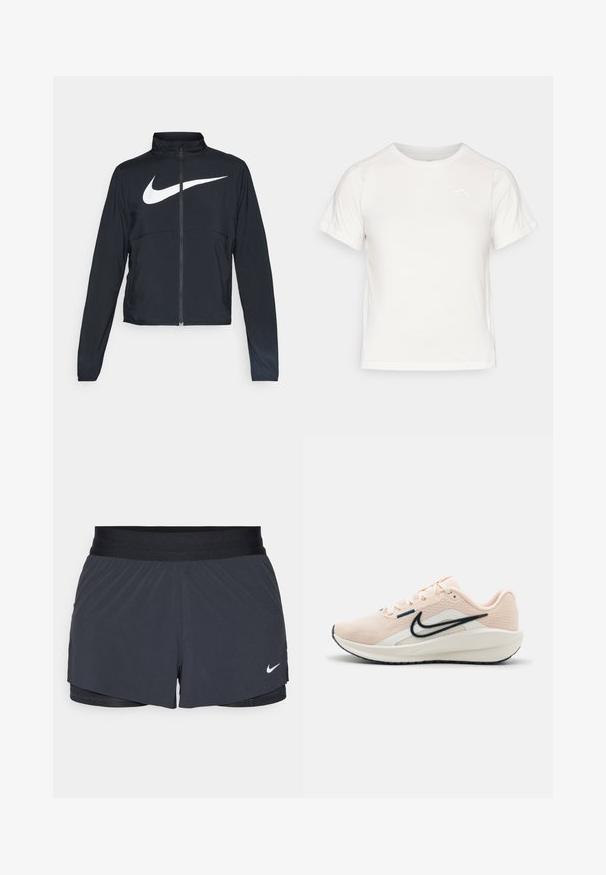 Czarna bluza sportowa na zamek błyskawiczny z wysokim kołnierzem, długimi rękawami i dużym białym logo Nike na klatce piersiowej.; Lekka biała koszulka z krótkim rękawem, okrągłym dekoltem i małym logo w lewym górnym rogu. Gładki materiał o subtelnej połysku.; Czarne szorty sportowe z elastycznym pasem, o warstwowej konstrukcji i małym białym logo Nike na dolnym lewym boku. Wykonane z lekkiego materiału.; Nike Performance DOWNSHIFTER 13 pomarańczowy
