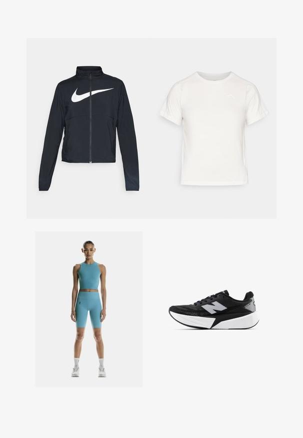 Melnā sporta jaka ar pilnu rāvējslēdzēju, augstu apkakli, garām piedurknēm un lielu baltu Nike swoosh logotipu krūšu daļā.; Viegls balts T-krekls ar īsām piedurknēm, apaļu kaklu un mazu logo augšējā kreisajā stūrī. Gluda auduma faktūra ar maigu spīdumu.; On Legingi - niagara; Melnbalts New Balance skriešanas apavi ar biezu zoli, acs augšdaļu un "N" logotipu sānos, skatīts no ārējās puses.