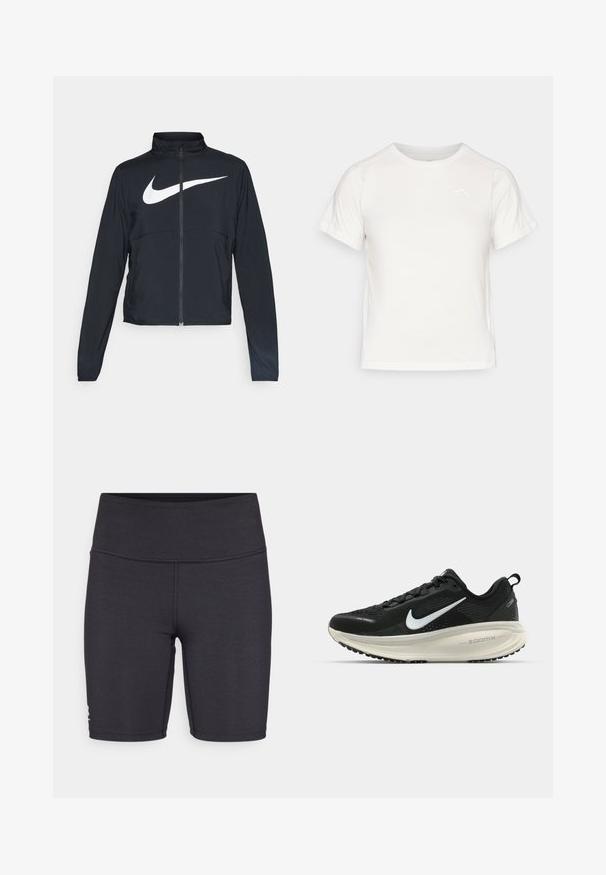 Giacca sportiva nera con zip completa, colletto alto, maniche lunghe e grande logo swoosh bianco Nike sul petto.; T-shirt bianca leggera con maniche corte, collo rotondo e un piccolo logo nell'angolo in alto a sinistra. Tessuto morbido con una leggera lucentezza.; Pantaloni sportivi neri realizzati in tessuto elasticizzato, caratterizzati da una vita alta e dettagli con cuciture piatte. Progettati per comfort e mobilità.; Scarpa da corsa nera Nike con tomaia in rete traspirante, logo Swoosh bianco, dettagli testurizzati e intersuola ZoomX di colore crema.