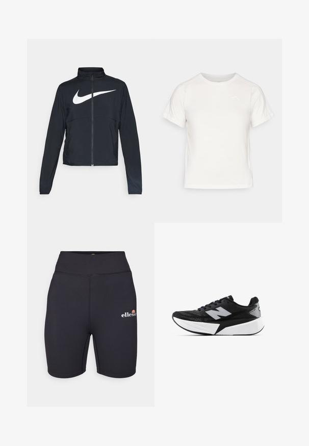 Jachetă sport neagră cu fermoar pe toată lungimea, guler înalt, mâneci lungi și un logo mare alb Nike swoosh pe piept.; Tricou alb ușor, cu mâneci scurte, guler rotund și un logo mic în colțul din stânga sus. Material neted cu un luciu subtil.; Șorturi atletice negre cu talie înaltă, cu o textură netedă, prezentând un brâu elastic și un mic logo colorat "ellesse" pe coapsă.; Pantof de alergare New Balance alb-negru, cu talpă groasă, parte superioară din plasă și logo-ul "N" pe lateral, văzut din partea exterioară.