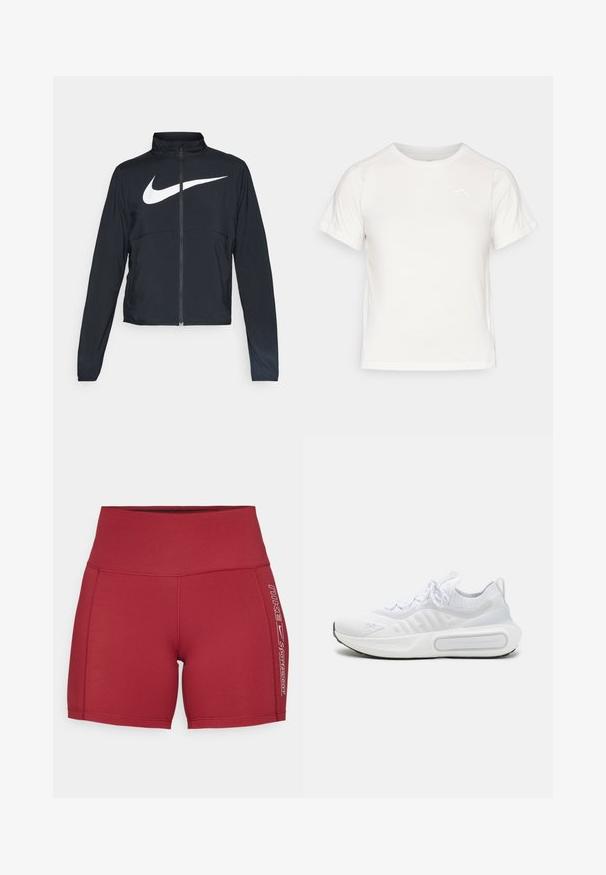 Chaqueta deportiva negra de cremallera completa con cuello alto, mangas largas y gran logo de Nike en blanco en el pecho.; Camiseta blanca ligera con mangas cortas, cuello redondo y un pequeño logo en la esquina superior izquierda. Tejido suave con un sutil brillo.; Pantalones cortos deportivos rojos hechos de tela elástica con una cinturilla alta. Presentan un logo impreso en blanco y acentos laterales. Textura suave y diseño ajustado.; Zapatilla deportiva blanca con una parte superior de punto texturizado, cierre de cordones, suela acolchada y un detalle de marca distintivo en el lateral.