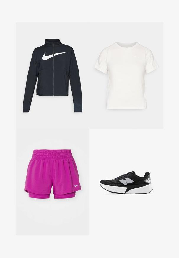 Musta urheilutakki, jossa on täysivetoketju, korkea kaulus, pitkät hihat ja suuri valkoinen Nike-tikkauksella rintaosa.; Kevyt valkoinen T-paita lyhythihaisilla, pyöreällä kaula-aukolla ja pienellä logolla vasemmassa yläkulmassa. Sujuva kangas, jossa on hienovarainen kiilto.; Nike urheilushortsit kirkkaan vaaleanpunaisena, joissa on joustava vyötärö, kerrostettu muotoilu sisäshortseilla ja pieni valkoinen logo.; Mustat ja valkoiset New Balance -juoksukengät, joissa on paksu pohja, verkkomateriaali päällä ja "N"-logo sivulla, nähtynä ulkopuolelta.