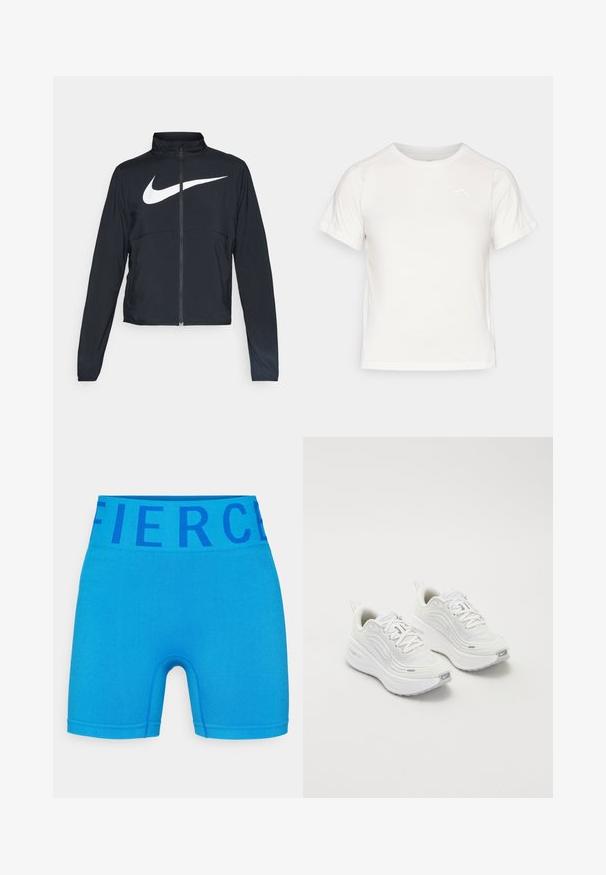 Svart joggebund med hel glidelås, høy krage, lange ermer og stort hvitt Nike swoosh-logo over brystet.; Lett, hvit T-skjorte med korte ermer, rund hals, og en liten logo i øvre venstre hjørne. Glatt stoff med en subtil glans.; Blå idrettsshorts laget av elastisk stoff, med en bred midjebånd med ordet "Fierce" i mørkeblått. Jevn overflate og tettsittende design.; Hvite joggesko med et teksturert mesh-overdel, polstret såle og subtile grå aksenter. Inkluderer merkevare og løkke på hælen for enkel påkledning.