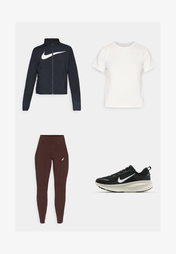 Čierna športová bunda na zips s vysokým golierom, dlhými rukávmi a veľkým bielym logom Nike na hrudi.; Ľahké biele tričko s krátkymi rukávmi, okrúhlym výstrihom a malým logom v hornom ľavom rohu. Hladká tkanina s miernym leskom.; Hnedé legíny vyrobené z elastického materiálu s vysokým pásom, vybavené bočnými vreckami a diskrétnym logom na ľavom stehne.; Čierne bežecké topánky Nike s priedušnou sieťovinou, bielym logom s symbolom swoosh, textúrovanými detailmi a krémovou ZoomX medzipodrážkou.