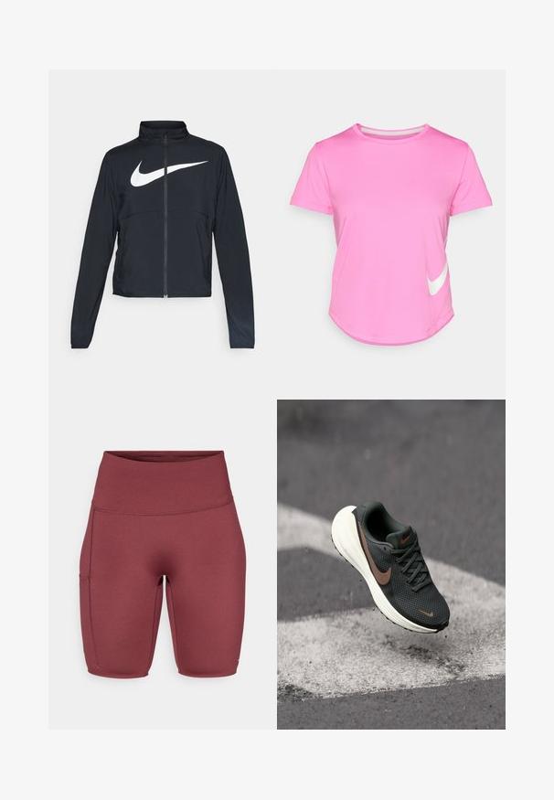 Črna športna jakna z polnim zadrgo, visokim ovratnikom, dolgimi rokavi in velikim belim logotipom Nike swoosh čez prsi.; Roza Nike majica s kratkimi rokavi, zaobljenim ovratnikom, gladke teksture, z belim logotipom na spodnji levi strani in ukrivljenim robom.; Burgundske hlače z visokim pasom iz gladkega, raztegljivega materiala. Imajo stransko žep in so prilegajoče, primerne za športno oblačilo.; Črne mrežaste tekaške čevlje s teksturirano zgornjo plastjo, rjavim Nike swoosh logotipom in belim podplatom z oblazinjenjem, suspendirani nad sivo površino.