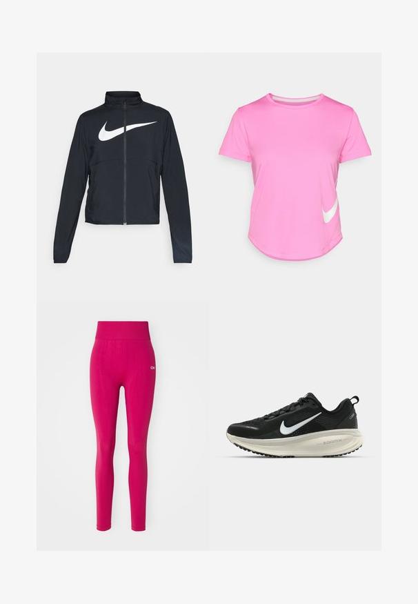 Juodas sportinis džemperis su visiškai užtraukiama užtrauktuku, aukšta apykakle, ilgomis rankovėmis ir dideliu baltu Nike swoosh logotipu per krūtinę.; Rožinė Nike marškinėlių su trumpomis rankovėmis, apvaliu iškirpimu, lygiu paviršiumi, su balta logotipu kairėje apatinėje pusėje ir kreivu kraštu.; Prigludę rožinės spalvos legginsai su aukštu juosmeniu, pagaminti iš lygaus, tamprios medžiagos, su tekstūruotais elementais palei kojas. Prekių ženklas baltos spalvos.; Juodas Nike sportinis batelis su kvėpuojančiu tinklu, baltu swoosh logotipu, tekstūruoto dizaino detalėmis ir grietinėlės spalvos ZoomX viduriu.