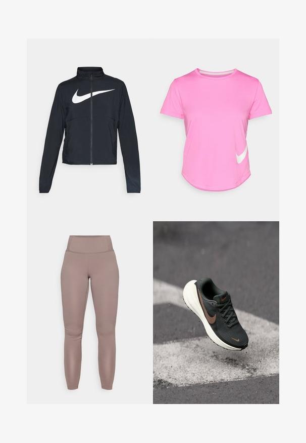 Czarna bluza sportowa na zamek błyskawiczny z wysokim kołnierzem, długimi rękawami i dużym białym logo Nike na klatce piersiowej.; Różowa koszulka Nike z krótkim rękawem, okrągłym dekoltem, gładką fakturą, z białym logo na dolnej lewej stronie i zaokrąglonym dołem.; Legginsy o wysokim stanie, dopasowane do ciała w jednolitym odcieniu taupe, wykonane z gładkiego, elastycznego materiału i o czystym, bezszwowym designie.; Czarne siateczkowe buty do biegania z fakturowaną cholewką, brązowym logo Nike i białą amortyzowaną podeszwą, zawieszone nad szarym podłożem.