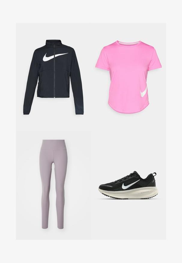 Črna športna jakna z polnim zadrgo, visokim ovratnikom, dolgimi rokavi in velikim belim logotipom Nike swoosh čez prsi.; Roza Nike majica s kratkimi rokavi, zaobljenim ovratnikom, gladke teksture, z belim logotipom na spodnji levi strani in ukrivljenim robom.; Nike Performance ZENVY - Pajkice - light violet ore/black; Črne Nike tekaške čevlje z zračno mrežno zgornjim delom, belim logotipom Swoosh, teksturiranimi detajli in smetanasto barvnim srednjim delom ZoomX.