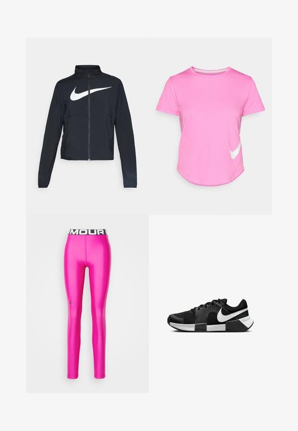 Giacca sportiva nera con zip completa, colletto alto, maniche lunghe e grande logo swoosh bianco Nike sul petto.; T-shirt rosa Nike con maniche corte, scollatura tonda, texture liscia, con un logo bianco sul lato sinistro in basso e orlo curvato.; Under Armour HEATGEAR - Leggings - astro pink; Scarpe sportive nere con tomaia in mesh, pannelli laterali testurizzati e accenti bianchi. La suola è divisa con un pattern di trazione in gomma.