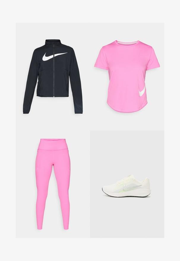 Zwarte sportjas met volledige rits, hoge kraag, lange mouwen en groot wit Nike swoosh-logo op de borst.; Roze Nike t-shirt met korte mouwen, ronde hals, gladde textuur, voorzien van een wit logo aan de linksonderkant en een gebogen zoom.; Roze leggings van elastisch materiaal, met een hoge tailleband en zijzakken, een gladde afwerking en minimale stikdetails.; Nike Performance DOWNSHIFTER 13 - Hardloopschoenen voor op de weg - sail/silver-coloured photon dust/summit white/barely volt/black