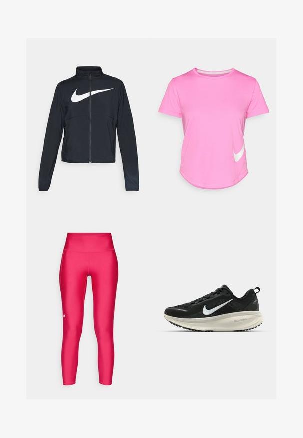 Veste de sport noire zippée sur toute la longueur avec un col haut, des manches longues et un grand logo Nike swoosh blanc sur la poitrine.; T-shirt Nike rose à manches courtes, col rond, texture lisse, avec un logo blanc sur le bas à gauche et un ourlet incurvé.; Leggings ajustés en rose vif, fabriqués en tissu lisse et extensible. Dotés d'une taille haute et d'un petit logo blanc sur la jambe inférieure.; Baskets de course noir Nike avec tige respirante en mesh, logo swoosh blanc, détails texturés et semelle intermédiaire ZoomX de couleur crème.