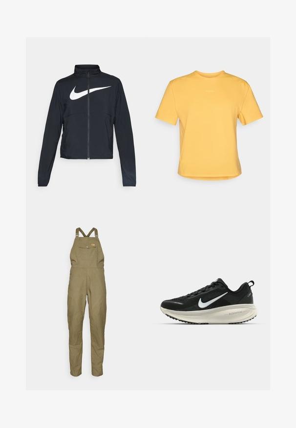 Čierna športová bunda na zips s vysokým golierom, dlhými rukávmi a veľkým bielym logom Nike na hrudi.; Žlté tričko s krátkym rukávom a okrúhlym výstrihom, vyrobené z mäkkej látky. Má jemné logo na hrudi a rovný lem.; Fjällräven VARDAG DUNGAREE TROUSERS W - Outdoorové nohavice - green; Čierne bežecké topánky Nike s priedušnou sieťovinou, bielym logom s symbolom swoosh, textúrovanými detailmi a krémovou ZoomX medzipodrážkou.