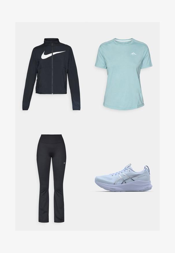 Musta urheilutakki, jossa on täysivetoketju, korkea kaulus, pitkät hihat ja suuri valkoinen Nike-tikkauksella rintaosa.; Vaaleansininen lyhythihainen t-paita, joka on valmistettu pehmeästä kankaasta. T-paidassa on pyöreä kaula-aukko ja pieni valkoinen logo rinnassa. Sauman yksityiskohdat näkyvät.; Mustat urheilutrikoot, joissa on korkea vyötärö, valmistettu sileästä, joustavasta kankaasta. Vasemmassa reisissä pieni valkoinen Nike-logo.; Vaaleansininen juoksukenkä, jossa on verkkomateriaali yläosassa, heijastavat hopeiset yksityiskohdat, pehmustettu pohja ja teksturoitu kumipohja pidon parantamiseksi.