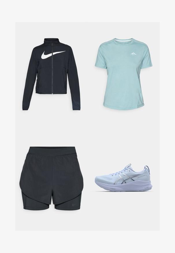 Veste de sport noire zippée sur toute la longueur avec un col haut, des manches longues et un grand logo Nike swoosh blanc sur la poitrine.; T-shirt à manches courtes bleu clair en tissu doux, avec un col rond et un petit logo blanc sur la poitrine. Couture visible.; Shorts de sport noirs avec un design superposé, présentant une couche extérieure lisse et des shorts intérieurs ajustés. Fabriqués en tissu léger et extensible.; Baskets de course bleu clair avec tige en maille, accents réfléchissants argentés, semelle rembourrée et semelle en caoutchouc texturé pour l'adhérence.