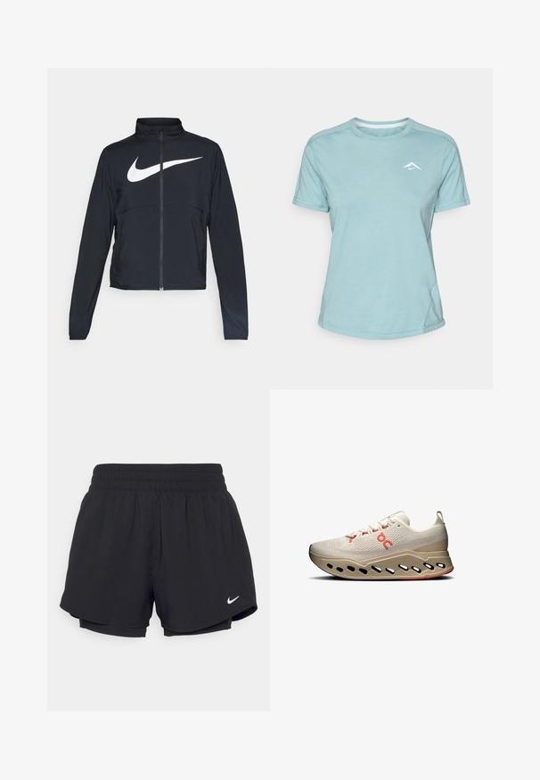 Must musta täispikk vary hoodie kõrge krae, pikad varrukad ja suur valge Nike swooshi logo rinnal.; Hele sinine lühikeste varrukatega T-särk, mis on valmistatud pehmest kangast, ümara kaelusega ja väikese valge logoga rinnal. Õmblusdetailid on nähtavad.; Mustad mustad lühikesed püksid kokkutõmmatava elastse vöökohtadega, sisemise voodriga ja valge Nike logo alumises vasakus nurgas. Sile, kerge kangas.; Heledad beez ž sneakersid tekstureeritud ülemise osaga, punaste aktsentidega ning innovaatilise tallaga, millel on õhutusaukudega kergenduseks ja hingavuseks.