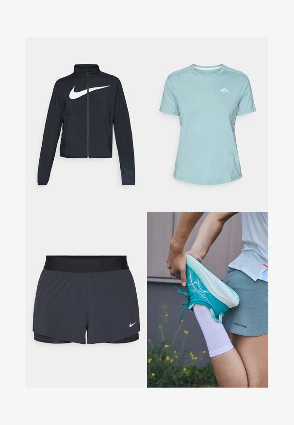 Fekete, teljes cipzáros sportdzseki magas gallérral, hosszú ujjal, amelyen egy nagy, fehér Nike logó található a mellkason.; Világoskék, rövid ujjú póló, puha anyagból készült, kerek nyakkivágással és egy kis fehér logóval a mellrészen. Látható varrásrészletek.; Fekete sportnadrág elasztikus derékkal, réteges kialakítással és kis fehér Nike logóval a bal alsó részen. Könnyű anyag.; Török színű sportcipő texturált felülettel, fehér fűzőkkel és talppal. Egy személy nyújtja a lábát, fehér zoknit és szürke sportnadrágot visel.