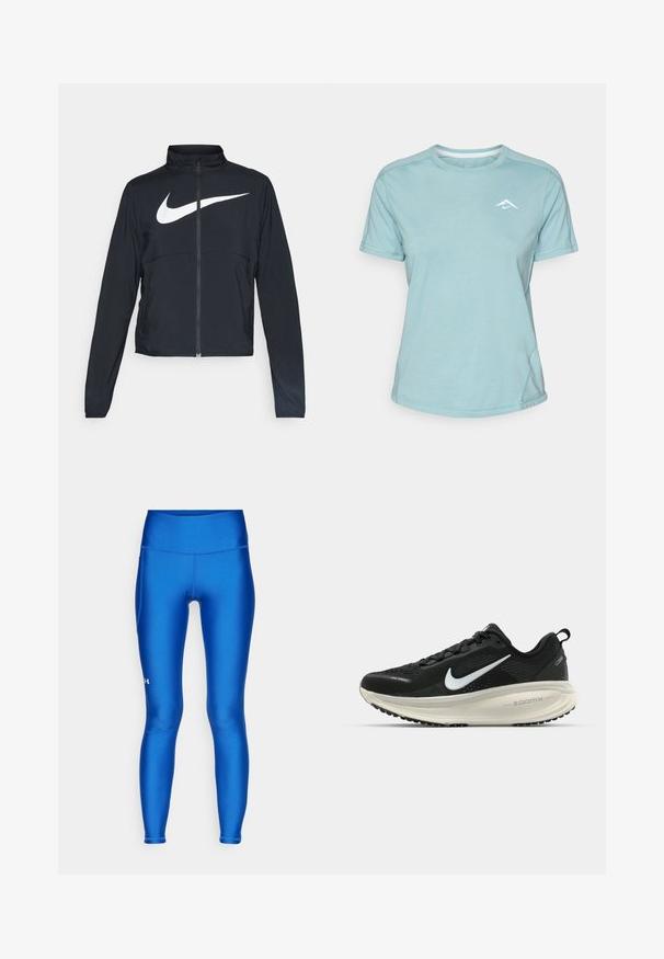 Black full-zip sports jacket with high collar, long sleeves, and large white Nike swoosh logo across the chest.; Light blue short-sleeve t-shirt made of soft fabric, featuring a round neckline and a small white logo on the chest. Seam detailing visible.; Blue athletic leggings with a smooth, shiny texture. High waistband and fitted design with a small white logo on the lower left leg.; Black Nike running shoe with breathable mesh upper, white swoosh logo, textured detailing, and a cream-colored ZoomX midsole.