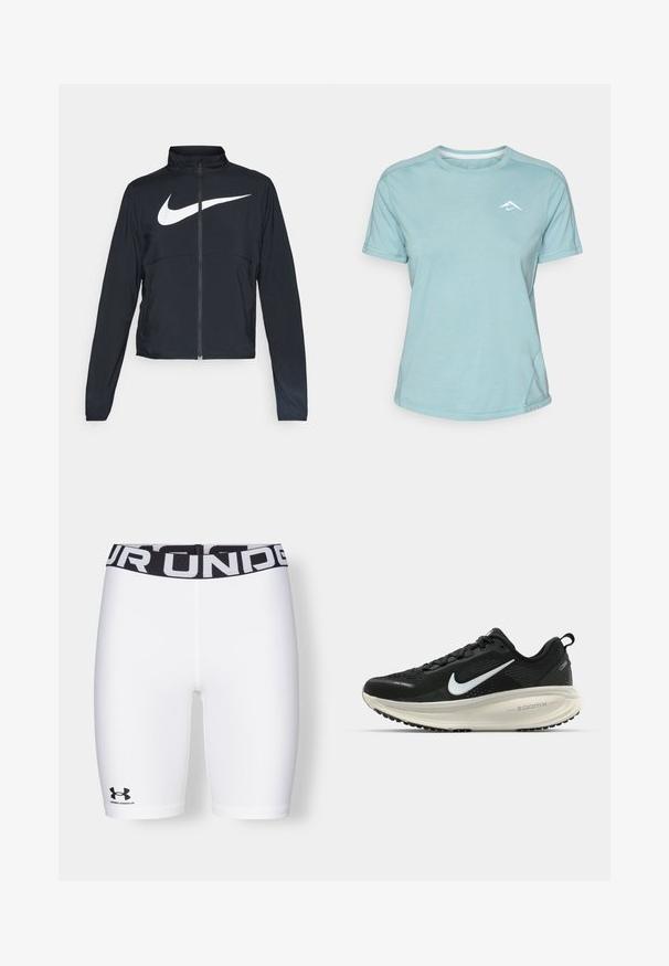Chaqueta deportiva negra de cremallera completa con cuello alto, mangas largas y gran logo de Nike en blanco en el pecho.; Camiseta de manga corta azul claro hecha de una tela suave, con un escote redondo y un pequeño logo blanco en el pecho. Costuras visibles.; Under Armour AUTHENTICS SHORT - Leggings - white/black; Zapatilla de running Nike negra con parte superior de malla transpirable, logo Swoosh blanco, detalles texturizados y una entresuela ZoomX de color crema.