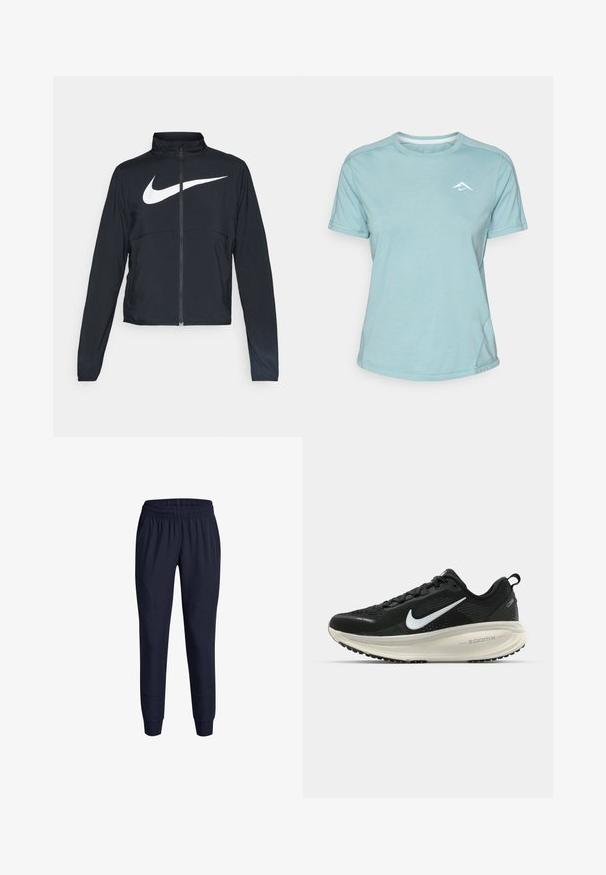 Juodas sportinis džemperis su visiškai užtraukiama užtrauktuku, aukšta apykakle, ilgomis rankovėmis ir dideliu baltu Nike swoosh logotipu per krūtinę.; Šviesiai mėlynas trumpų rankovių marškinėlis, pagamintas iš švelnaus audinio, su apykakle ir mažo balto logotipo ant krūtinės. Matomos siūlės detalės.; Tamsiai mėlyni sportiniai džinsai su elastinga juosta, siaurėjančiomis kojomis ir šoninėmis kišenėmis, pagaminti iš lengvos, lygaus audinio.; Juodas Nike sportinis batelis su kvėpuojančiu tinklu, baltu swoosh logotipu, tekstūruoto dizaino detalėmis ir grietinėlės spalvos ZoomX viduriu.