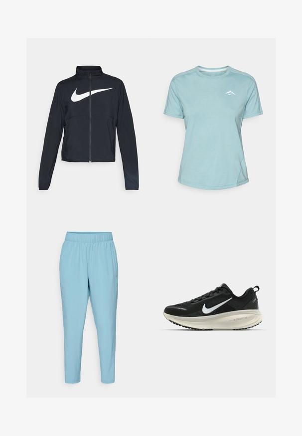 Črna športna jakna z polnim zadrgo, visokim ovratnikom, dolgimi rokavi in velikim belim logotipom Nike swoosh čez prsi.; Svijetloplavi kratkosleeve majica izrađena od mekanog materijala, koja ima okrugli izrez i mali bijeli logotip na prsima. Vidljivi detalji šavova.; Modre, lahke športne hlače z elastičnim pasom, zoženimi nogami in majhnim logotipom na spodnji levi strani.; Črne Nike tekaške čevlje z zračno mrežno zgornjim delom, belim logotipom Swoosh, teksturiranimi detajli in smetanasto barvnim srednjim delom ZoomX.