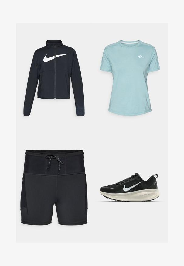 Svart joggebund med hel glidelås, høy krage, lange ermer og stort hvitt Nike swoosh-logo over brystet.; Lys blå t-skjorte med korte ermer laget av myk stoff, med rund hals og en liten hvit logo på brystet. Sømdetaljer er synlige.;  svarte idrettsshorts med høy midje, strukturert øverste panel og snøring. Har flatlocksøm og sidelommer.; Svart Nike løpesko med pustende mesh-overdel, hvit swoosh-logo, teksturert detaljer og en kremfarget ZoomX mellomsåle.