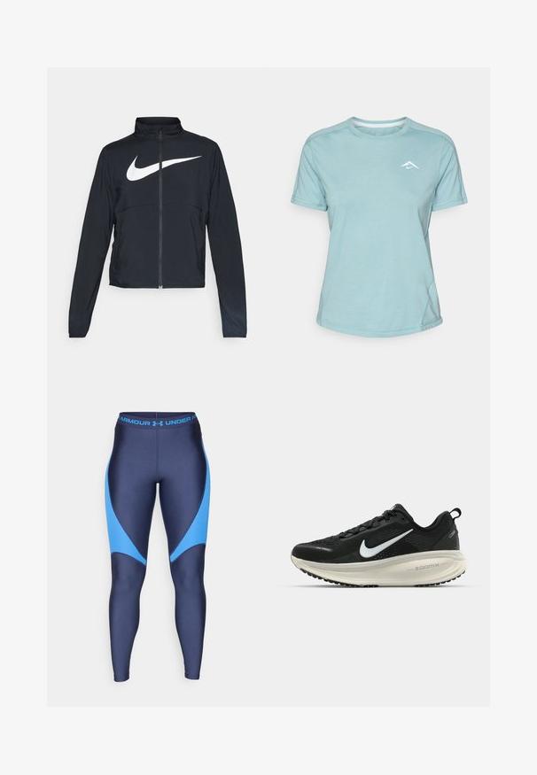Svart joggebund med hel glidelås, høy krage, lange ermer og stort hvitt Nike swoosh-logo over brystet.; Lys blå t-skjorte med korte ermer laget av myk stoff, med rund hals og en liten hvit logo på brystet. Sømdetaljer er synlige.; Marine leggings med lyseblå detaljer, laget av et glatt og elastisk stoff. Har en bred linning med merkevarenavnet i blått.; Svart Nike løpesko med pustende mesh-overdel, hvit swoosh-logo, teksturert detaljer og en kremfarget ZoomX mellomsåle.