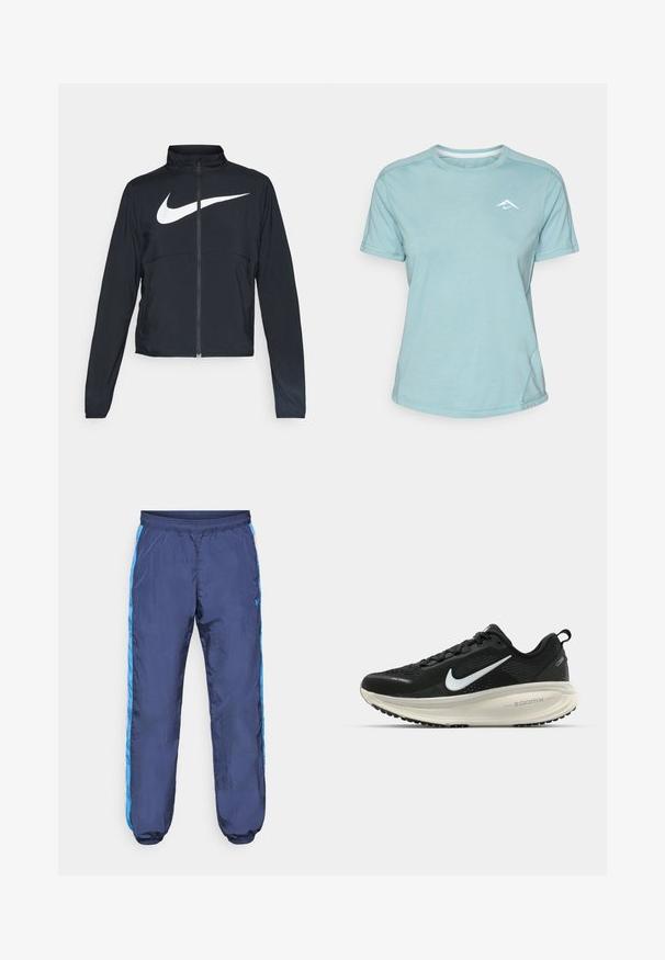 Zwarte sportjas met volledige rits, hoge kraag, lange mouwen en groot wit Nike swoosh-logo op de borst.; Lichtblauw T-shirt met korte mouwen van zacht materiaal, met een ronde halslijn en een klein wit logo op de borst. Stiknaden zichtbaar.; Marineblauwe trainingsbroek gemaakt van glanzend, lichtgewicht materiaal, met blauwe zijstripes en elastische boorden bij de enkels en de taille.; Zwarte Nike hardloopschoen met ademend mesh bovenwerk, witte swoosh-logo, gestructureerde details en een crèmekleurige ZoomX middenzool.
