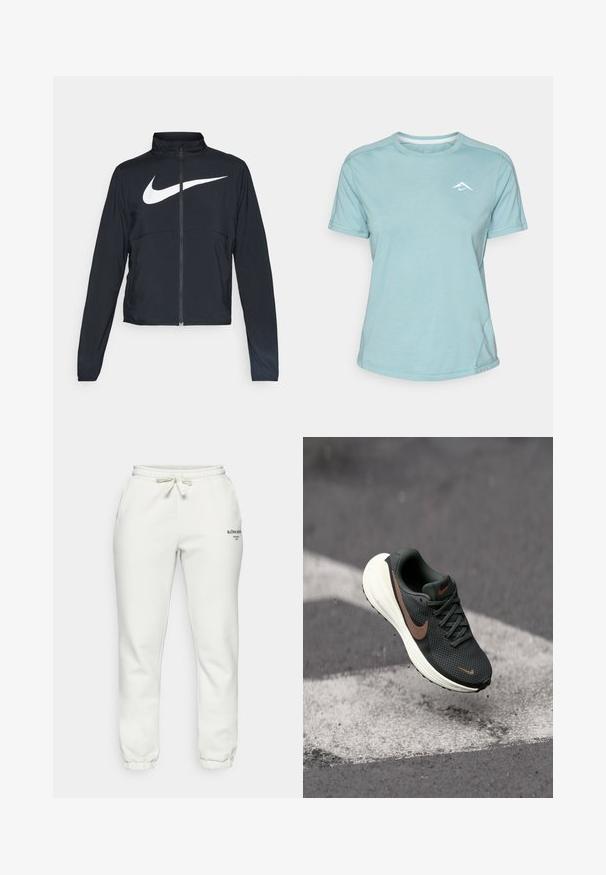 Černá sportovní bunda na zip s vysokým límcem, dlouhými rukávy a velkým bílým logem Nike swoosh přes prsa.; Světle modré tričko s krátkým rukávem vyrobené z měkké látky, s kulatým výstřihem a malým bílým logem na hrudi. Viditelné švy.; Björn Borg ESSENTIAL PANTS - Teplákové kalhoty - zephyr blue; Černá síťovaná běžecká obuv s texturovaným svrškem, hnědým logem Nike a bílou polstrovanou podrážkou, vznášející se nad šedým povrchem.