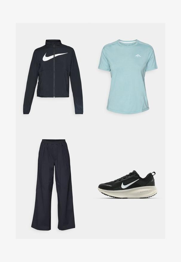 Crna sportska jakna s punim patentnim zatvaračem, visokim ovratnikom, dugim rukavima i velikim bijelim Nike swoosh logom preko grudi.; Svijetloplava majica kratkih rukava od mekanog materijala, s okruglim izrezom i malim bijelim logotipom na prsima. Prikazane su šavove.; Hlače širokih nogavica u tamnoplavoj boji, izrađene od teksturiranog materijala. Sadrže elastičan pojas s nabranim detaljima i kontrastnim šavovima.; Crne Nike trkačke tenisice s prozračnom mrežastom gornjom konstrukcijom, bijelim swoosh logotipom, teksturiranim detaljima i kremastom ZoomX srednjom potplatnom jedinicom.