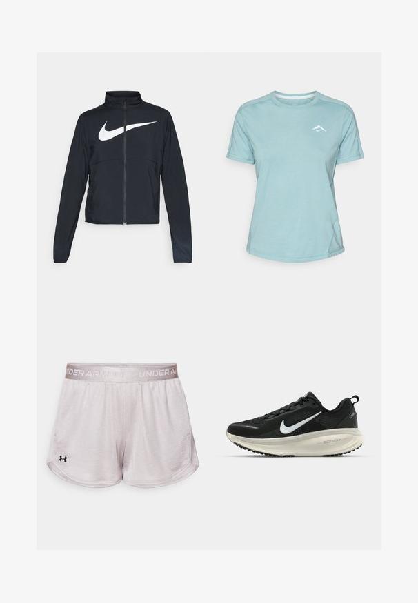 Svart joggebund med hel glidelås, høy krage, lange ermer og stort hvitt Nike swoosh-logo over brystet.; Lys blå t-skjorte med korte ermer laget av myk stoff, med rund hals og en liten hvit logo på brystet. Sømdetaljer er synlige.; Lys grå treningsshorts laget av teksturert stoff, med elastisk midjebånd som viser "UNDER ARMOUR", og med svart logo nederst til venstre.; Svart Nike løpesko med pustende mesh-overdel, hvit swoosh-logo, teksturert detaljer og en kremfarget ZoomX mellomsåle.