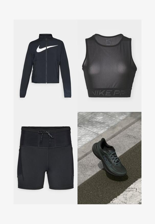 Juodas sportinis džemperis su visiškai užtraukiama užtrauktuku, aukšta apykakle, ilgomis rankovėmis ir dideliu baltu Nike swoosh logotipu per krūtinę.; Juodas „Nike Pro“ sportinis liemenėlė su tinklelio dizainu, apvaliu iškirpimu ir plačia juosta, kurioje įspaustas tekstas „NIKE PRO“.; Juoda sportinė šortai su aukštu juosmeniu, tekstūruota viršutinė dalis ir raištelis. Yra plokščios siūlės ir šoninės kišenės.; Juodas bėgimo batelis su tinkline viršutine dalimi, tekstūruotomis akcentais ir logotipu, su paminkštintu padu ir pilkomis raištelėmis, padėtas ant asfalto.