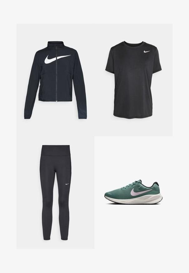 Černá sportovní bunda na zip s vysokým límcem, dlouhými rukávy a velkým bílým logem Nike swoosh přes prsa.; Černé sportovní tričko s krátkým rukávem vyrobené z hladkého, lehkého materiálu, s malým bílým logem Nike v horním levém rohu.; Černé legíny vyrobené z elastického materiálu, s vysokým pasem a bílým logem Nike na levém stehně. Hladká textura, přiléhavý střih.; Zelené síťované běžecké boty s bílou a černou podrážkou. Mají světle fialové logo Nike a texturovaný svršek pro prodyšnost.