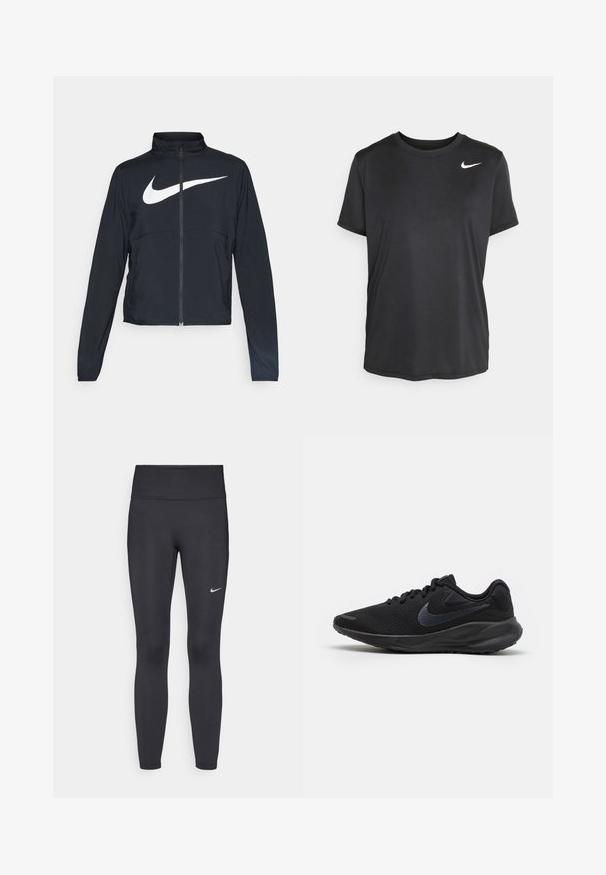 Jachetă sport neagră cu fermoar pe toată lungimea, guler înalt, mâneci lungi și un logo mare alb Nike swoosh pe piept.; Tricou sport negru, cu mânecă scurtă, fabricat dintr-un material fin și ușor, având un mic logo alb Nike în partea stângă sus.; Leggings negre dintr-un material elastic, având talie înaltă și un logo alb Nike pe coapsa stângă. Textură netedă, design care se conturează pe corp.; Adidași negri de alergare cu un superior din plasă respirabilă, accente texturate, șireturi plate și o talpă din cauciuc solid, cu o ușoară ridicare a călcâiului.