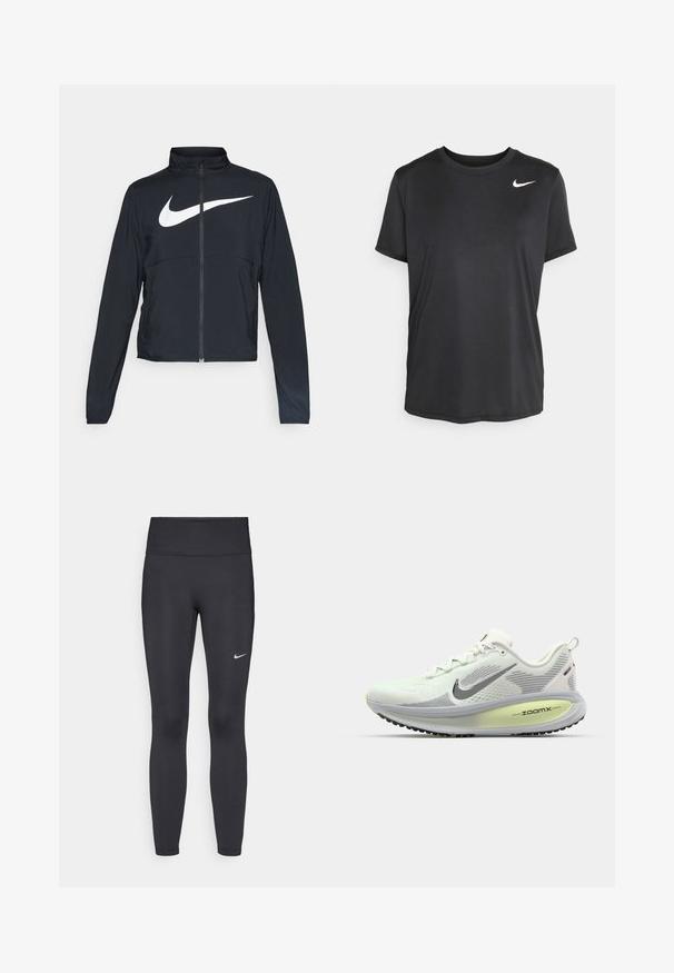 Czarna bluza sportowa na zamek błyskawiczny z wysokim kołnierzem, długimi rękawami i dużym białym logo Nike na klatce piersiowej.; Czarna sportowa koszulka z krótkim rękawem, wykonana z gładkiego, lekkiego materiału, z małym białym logo Nike na górnej lewej stronie.; Czarne legginsy z elastycznego materiału, z wysokim pasem i białym logo Nike na lewym udzie. Gładka tekstura, dopasowany krój.; Nike Performance VOMERO 18 biały