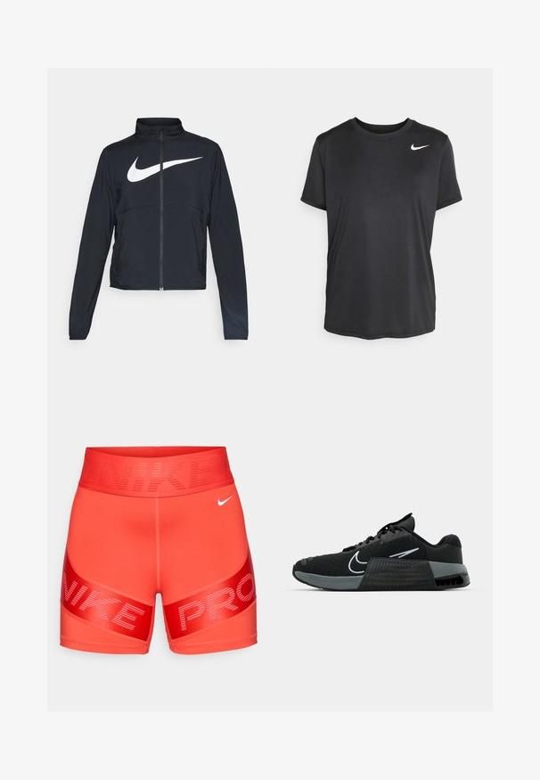 Melnā sporta jaka ar pilnu rāvējslēdzēju, augstu apkakli, garām piedurknēm un lielu baltu Nike swoosh logotipu krūšu daļā.; Melnas īsajām piedurknēm sporta T-krekls, kas izgatavots no gludas, vieglas auduma, ar nelielu baltu Nike logo augšējā kreisajā malā.; Spilgti sarkani Nike Pro kompresijas šorti ar plašu jostasvietu, kurā redzams "NIKE" teksts un mazs balts Nike swoosh labajā priekšpusē.; Melnas sporta kurpes ar acu audumu, pelēkiem akcentiem un teksturētu starpzoli. Iespējas ietver izteiktu logo un auklu dizainu. Gumijas zole nodrošina saķeri.