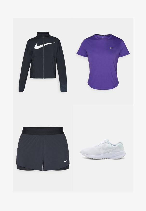 Čierna športová bunda na zips s vysokým golierom, dlhými rukávmi a veľkým bielym logom Nike na hrudi.; Fialové športové tričko vyrobené z materiálu, ktorý odvádza vlhkosť, s krátkymi rukávmi a okrúhlym výstrihom. Malé bílé logo na hrudi.; Čierne športové šortky s elastickým pásom, ktoré majú vrstvený dizajn a malú bielu aplikáciu loga Nike v dolnom ľavom rohu. Ľahký materiál.; Biele športové topánky s vrchnou časťou z jemného materiálu, textúrovaným dizajnom, okrúhlou špičkou, vypolstrovaným golierom a svetlomodrými akcentmi na päte. Gumová podrážka.