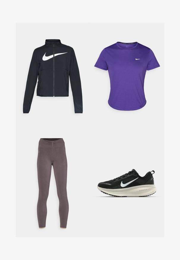 Casaco desportivo preto com fecho éclair completo, gola alta, mangas longas e grande logótipo branco da Nike na parte frontal.; T-shirt atlético roxo feito de tecido que absorve a humidade, com mangas curtas e decote redondo. Pequeno logotipo branco no peito.; Yogasearcher CHENDA SEAMLESS LEGGING - Leggings - lavastone; Sapatilha de corrida Nike preta com parte superior de malha respirável, logotipo Swoosh branco, detalhes texturizados e uma entressola ZoomX na cor creme.