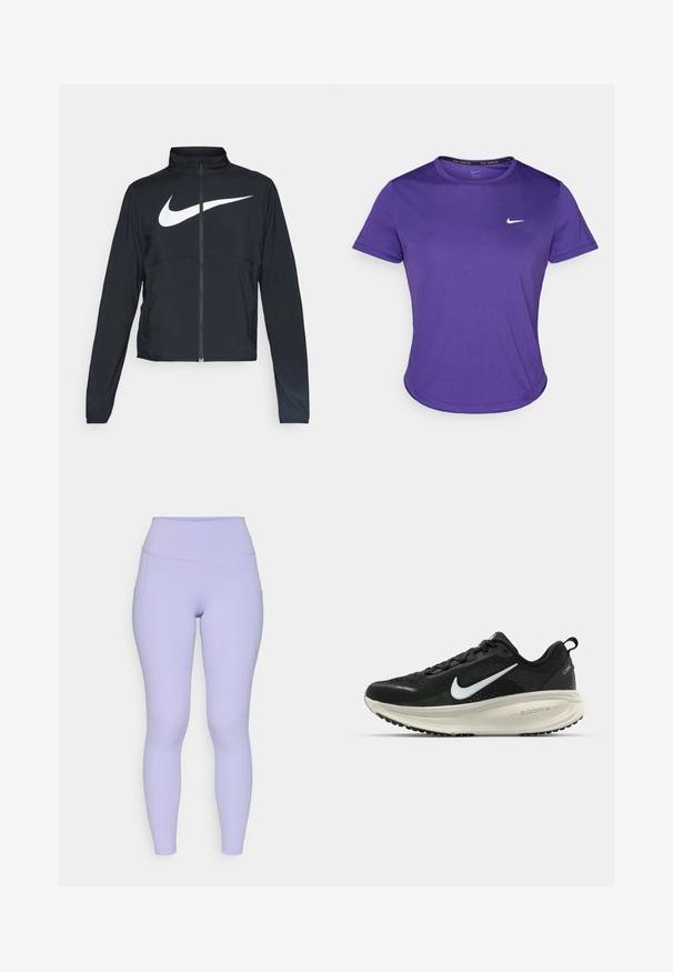 Melnā sporta jaka ar pilnu rāvējslēdzēju, augstu apkakli, garām piedurknēm un lielu baltu Nike swoosh logotipu krūšu daļā.; Violets sporta krekls, izgatavots no mitruma uzsūcoša auduma, ar īsām piedurknēm un apaļu kakla izgriezumu. Mazs balts logos uz krūtīm.; Gaiši violetas legingi ar augstu jostasvietu, izgatavoti no elastīga materiāla. Iespējas ietver divas sānu kabatas un gludas šuves komfortam.; Melnas Nike skriešanas kurpes ar elpojošu acs augšdaļu, baltu Swoosh logotipu, strukturētu apdari un krēmkrāsas ZoomX starpsole.