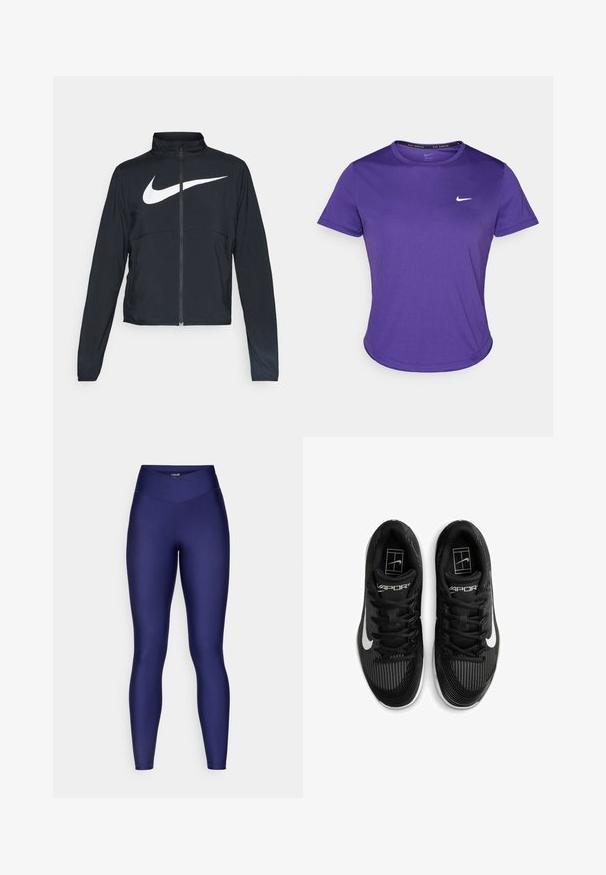 Black full-zip sports jacket with high collar, long sleeves, and large white Nike swoosh logo across the chest.; Purple athletic t-shirt made from moisture-wicking fabric, featuring short sleeves and a crew neck. Small white logo on the chest.; Navy blue high-waisted leggings in a smooth, stretchy material with a seamed design, providing a sleek, fitted silhouette from waist to ankle.; Black athletic shoes with textured mesh uppers, prominent white Nike swoosh, and laces. Features a ribbed design and rounded soles.