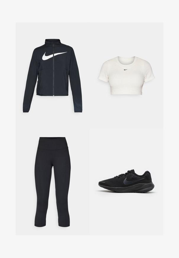 Veste de sport noire zippée sur toute la longueur avec un col haut, des manches longues et un grand logo Nike swoosh blanc sur la poitrine.; T-shirt blanc court en tissu côtelé avec des manches courtes et un col rond ; présente un petit logo Nike noir sur la poitrine.; Leggings noirs coupés en tissu extensible, avec une taille haute et une texture lisse, sans motifs ni éléments visibles.; Chaussure de course noire avec une tige en mesh respirant, des accents texturés, des lacets plats et une semelle en caoutchouc solide présentant un léger rehaussement au talon.