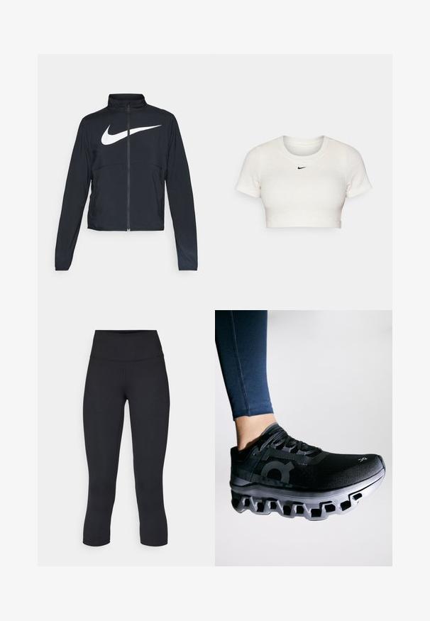 Melnā sporta jaka ar pilnu rāvējslēdzēju, augstu apkakli, garām piedurknēm un lielu baltu Nike swoosh logotipu krūšu daļā.; Kropēts balts T-krekls no ribota auduma ar īsām piedurknēm un apaļu kaklu; ar mazu melnu Nike logotipu uz krūtīm.; Melnas apgrieztas legingi, izgatavoti no elastīga auduma, ar augstu jostasvietu un gludu tekstūru, bez redzamām rakstu vai aksesuāriem.; Melna skriešanas apava ar teksturētu virsotni un izteiksmīgu starpsoļu daļu ar unikālu segmentētu dizainu. Akcentēta ar logotipu sānos.