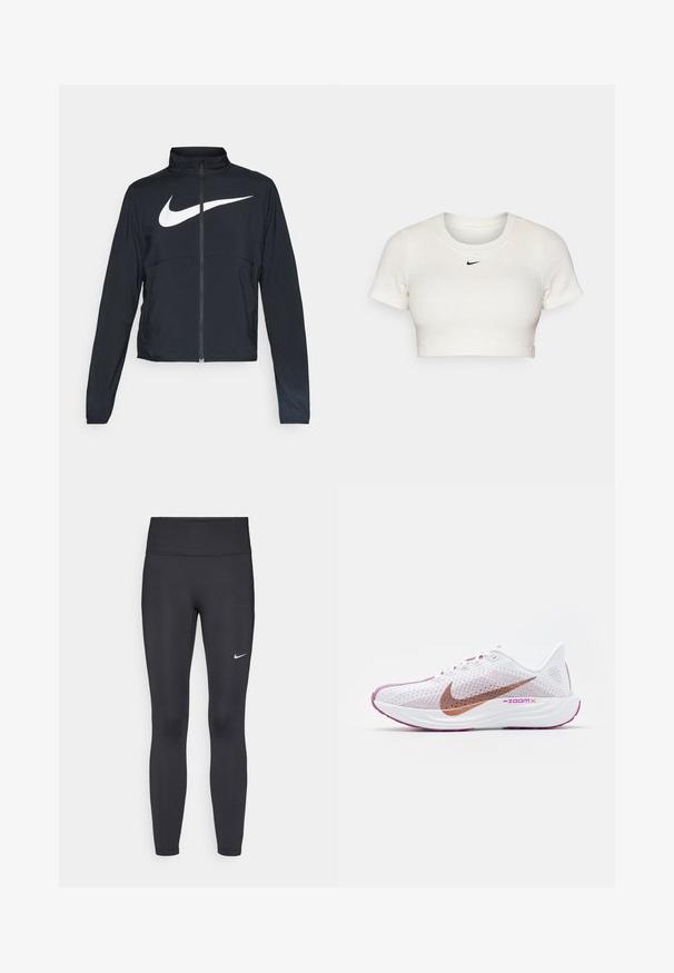 Veste de sport noire zippée sur toute la longueur avec un col haut, des manches longues et un grand logo Nike swoosh blanc sur la poitrine.; T-shirt blanc court en tissu côtelé avec des manches courtes et un col rond ; présente un petit logo Nike noir sur la poitrine.; Leggings noirs en tissu extensible, dotés d'une taille haute et d'un logo Nike blanc sur la cuisse gauche. Texture lisse, design ajusté.; Nike Performance PEGASUS PLUS - Chaussures de running sur route - white/metallic red bronze/platinum violet/plum dust/hot fuchsia