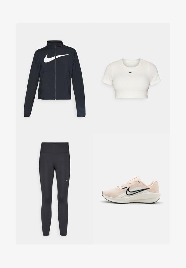 Juodas sportinis džemperis su visiškai užtraukiama užtrauktuku, aukšta apykakle, ilgomis rankovėmis ir dideliu baltu Nike swoosh logotipu per krūtinę.; Trumpas baltas marškinėliai, pagaminti iš raukšlėto audinio, su trumpomis rankovėmis ir apvališkiu kaklu; ant krūtinės yra mažas juodas Nike logotipas.; Juodi leggingai iš elastingos medžiagos, turintys aukštą juosmenį ir baltą Nike logotipą kairėje šlaunyje. Lygus paviršius, prigludusi dizainas.; Nike Performance DOWNSHIFTER 13 - Bėgimo batai plentui - guava ice, armory,navy sail