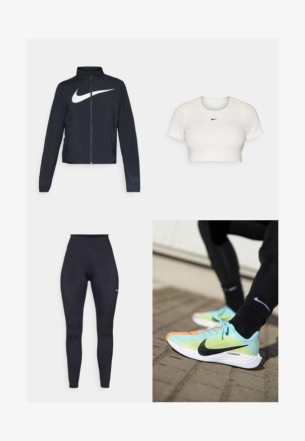 Must musta täispikk vary hoodie kõrge krae, pikad varrukad ja suur valge Nike swooshi logo rinnal.; Lühikeste varrukatega ja ümmarguse kaelusega lühikeste ülevalt lõigatud valge T-särk, mis on valmistatud soonikkoest; rinnal on väike must Nike'i logo.; Kõrge vöökohaga mustad legginsid, valmistatud venivast kangast, millel on sile tekstuur ja väike logo alumisel jalal. Kehakujuline disain.; Nike ZoomX jooksujalatsid on varustatud mütsiga roheline võrk, millel on mustad detailid, oranž varbaliiges ja valge tallaga, millel on tekstureeritud haarduvus.