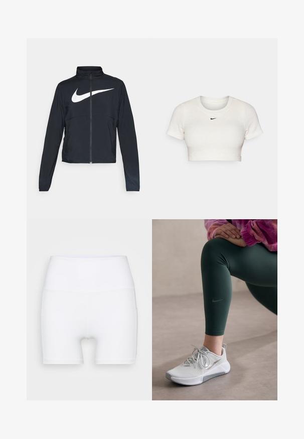 Svart sportjacka med hel dragkedja, hög krage, långa ärmar och stor vit Nike swoosh-logotyp över bröstet.; Kort vit t-shirt i ribbat tyg med korta ärmar och rund halsringning; har en liten svart Nike-logotyp på bröstet.; Vita högmidjade shorts i stretchtyg. Har en jämn yta och en åtsittande design, utan ytterligare mönster eller detaljer.; Nike löparskor i ljusgrått med en texturerad ovandel, grå detaljer och en vit sula, kombinerade med mörkgröna leggings med en logotyp.