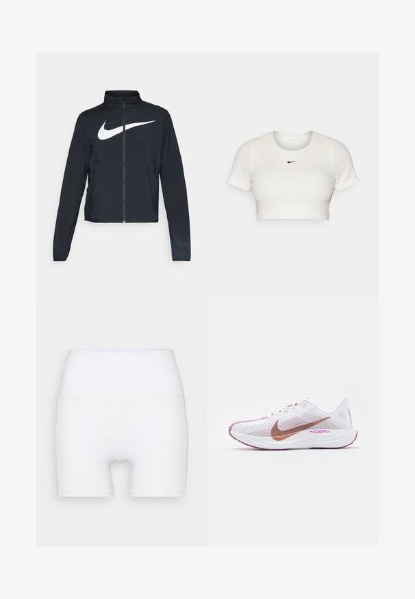 Veste de sport noire zippée sur toute la longueur avec un col haut, des manches longues et un grand logo Nike swoosh blanc sur la poitrine.; T-shirt blanc court en tissu côtelé avec des manches courtes et un col rond ; présente un petit logo Nike noir sur la poitrine.; Shorts blancs taille haute en tissu extensible. Fabriqués avec une texture lisse et un design ajusté, sans motifs ni accessoires supplémentaires.; Nike Performance PEGASUS PLUS - Chaussures de running sur route - white/metallic red bronze/platinum violet/plum dust/hot fuchsia