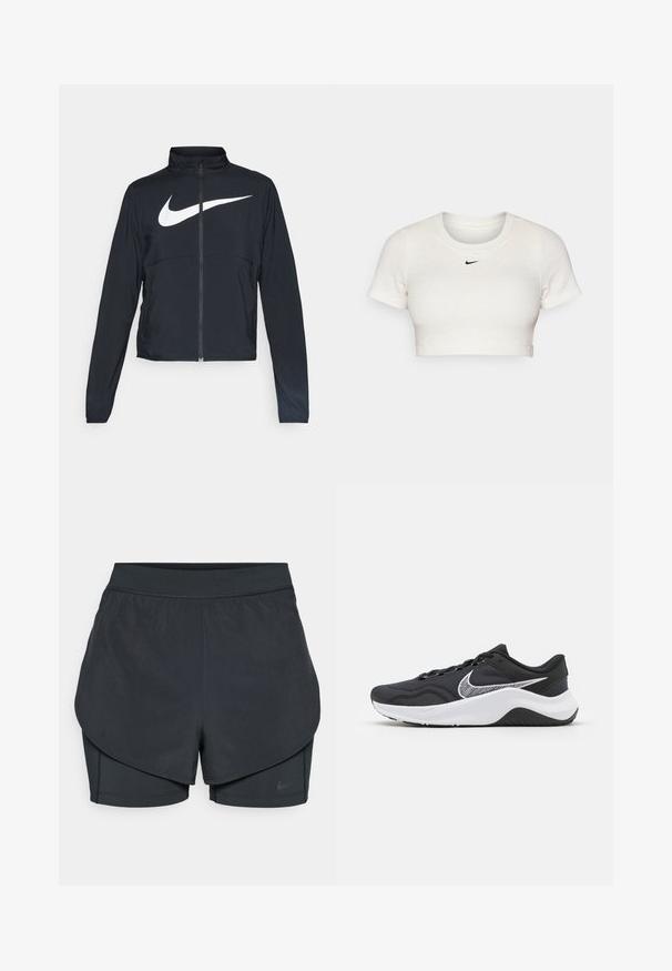 Crna sportska jakna s punim patentnim zatvaračem, visokim ovratnikom, dugim rukavima i velikim bijelim Nike swoosh logom preko grudi.; Skraćeni bijeli T-shirt od rebrastog materijala s kratkim rukavima i okruglim izrezom; sadrži mali crni Nike logo na prsima.; Crne atletske kratke hlače s višeslojnim dizajnom, koje sadrže glatki vanjski sloj i uske unutarnje hlače. Izrađene od lagane, rastezljive tkanine.; Crne atletske cipele s mrežastim gornjim dijelom i bijelim naglascima. Imaju okrugli vrh, ravne vezice i teksturiranu crnu gumenu potplatu.