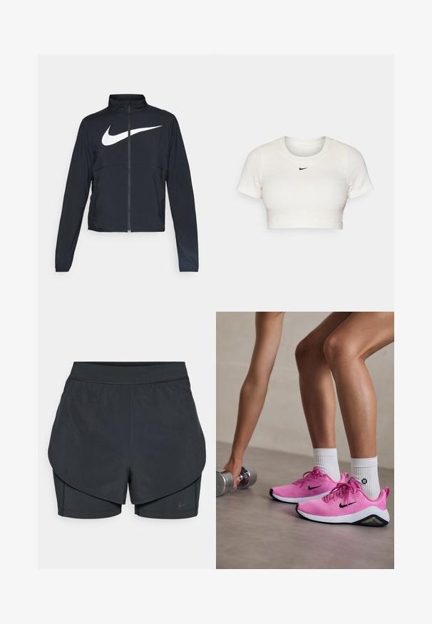 Černá sportovní bunda na zip s vysokým límcem, dlouhými rukávy a velkým bílým logem Nike swoosh přes prsa.; Zkrácené bílé tričko vyrobené z proužkované tkaniny s krátkými rukávy a kulatým výstřihem; má malou černou ikonu Nike na hrudi.; Černé sportovní šortky se vrstveným designem, s hladkým vnějším pláštěm a přiléhavými vnitřními šortkami. Vyrobené z lehké, pružné tkaniny.; Růžové sportovní boty Nike s síťovinovým svrškem, černými akcenty a bílou podrážkou, nošené s bílými ponožkami, vedle stříbrné činky.